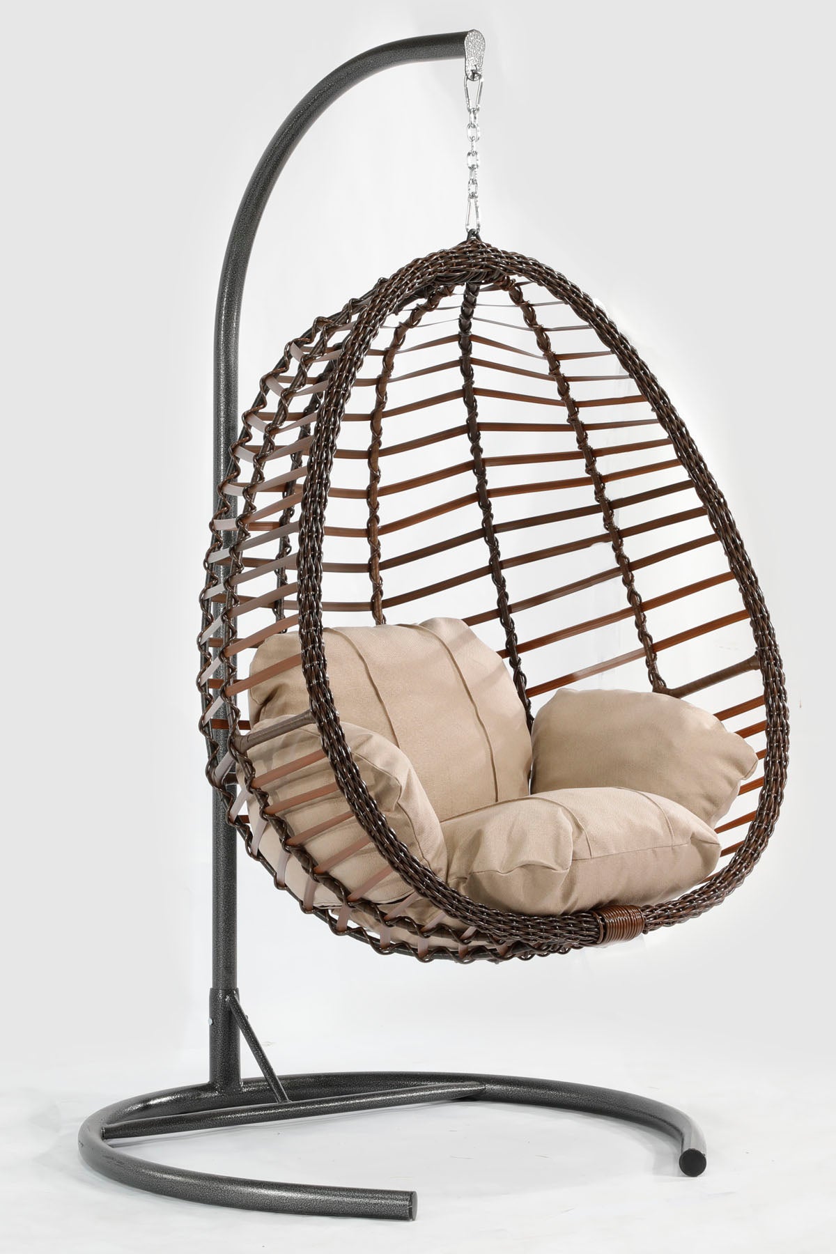 Kahverengi Rattan Örgü Fındık Model Hamak Bahçe Salıncağı Krem Minder